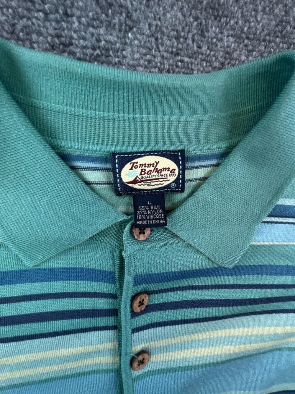 Tommy Bahama Polo Shirt Mens Large Silk Blend Blue Green Short Sleeve Striped - Picture 6 of 14